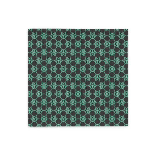 Front of the 18″×18″ throw pillow cover with the 'Flowers Victory' dark grey and green geometric pattern.