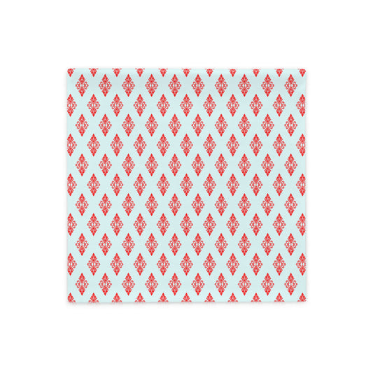 Front of the 18″×18″ throw pillow cover with the 'Digon' sky blue and red geometric pattern.