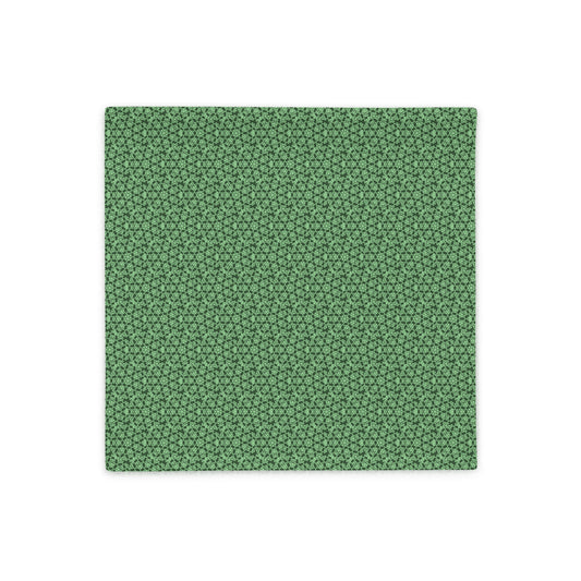 Front of the 18″×18″ throw pillow cover with the 'Heptagon' green geometric pattern.