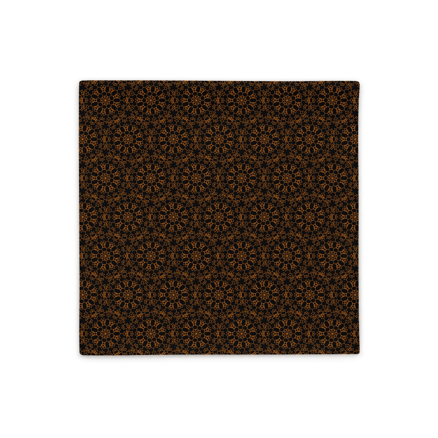 Front of the 18″×18″ throw pillow cover with the 'Enneagon' black & gold geometric pattern.