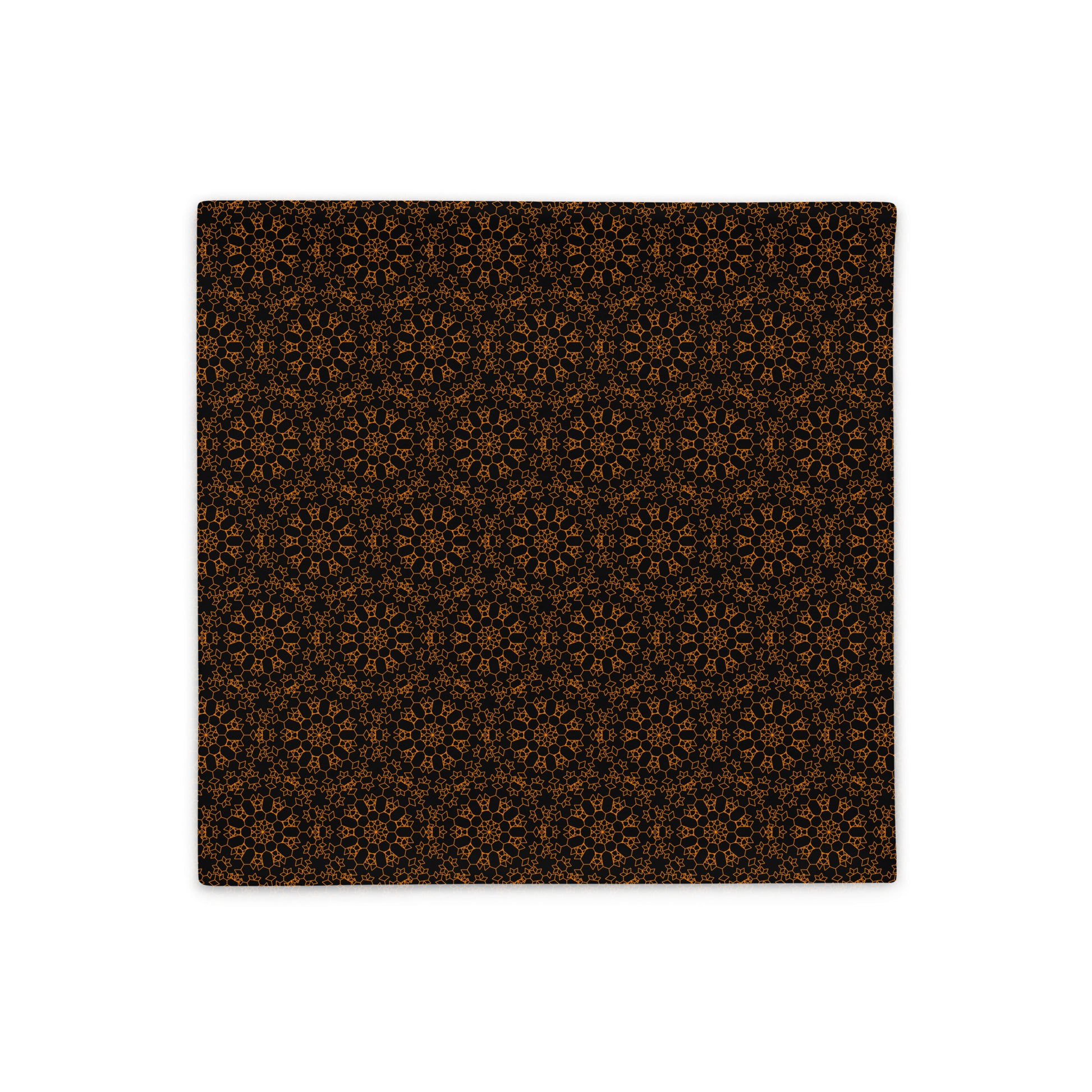 Front of the 18″×18″ throw pillow cover with the 'Enneagon' black & gold geometric pattern.