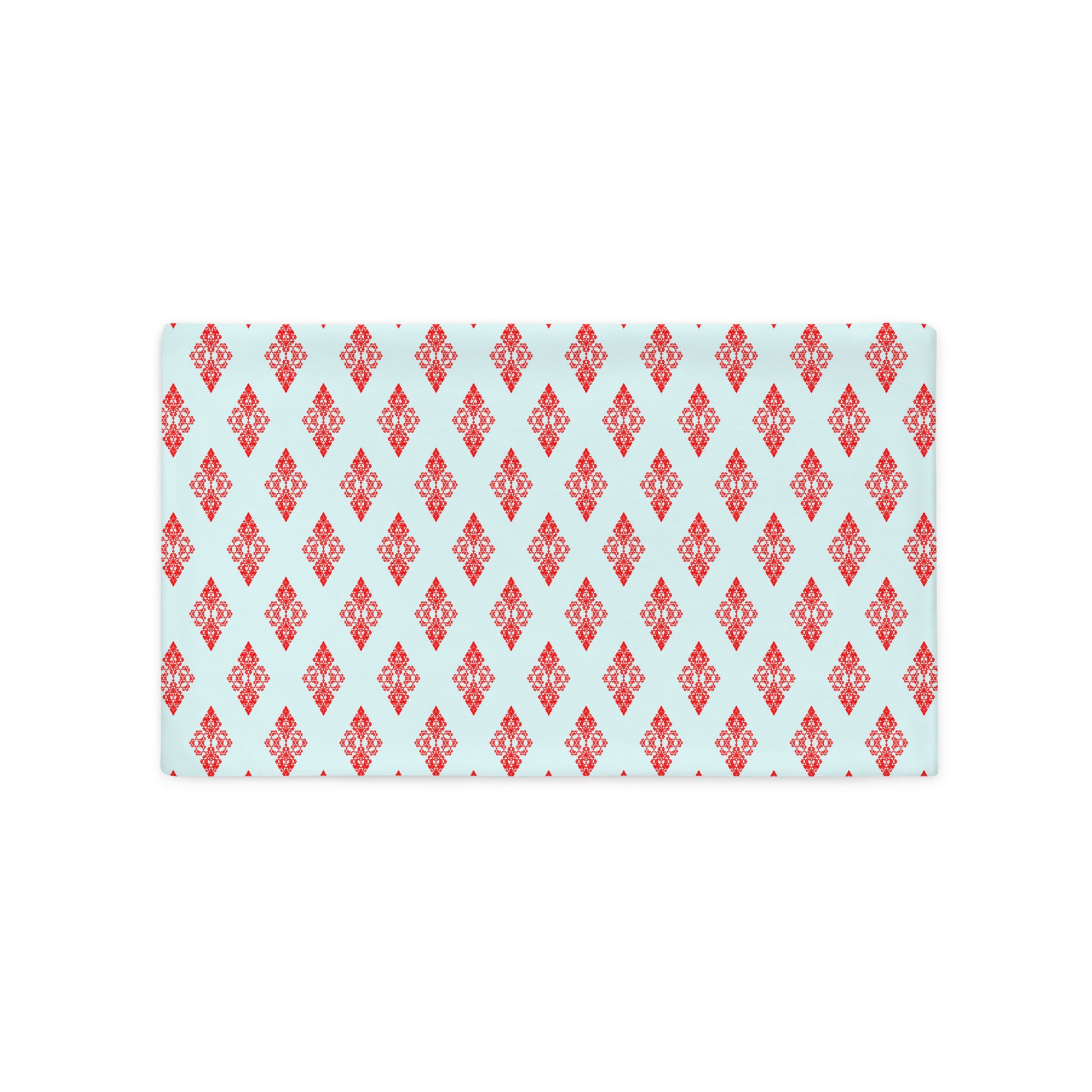 Back of the 20″×12″ throw pillow cover with the 'Digon' sky blue and red geometric pattern.