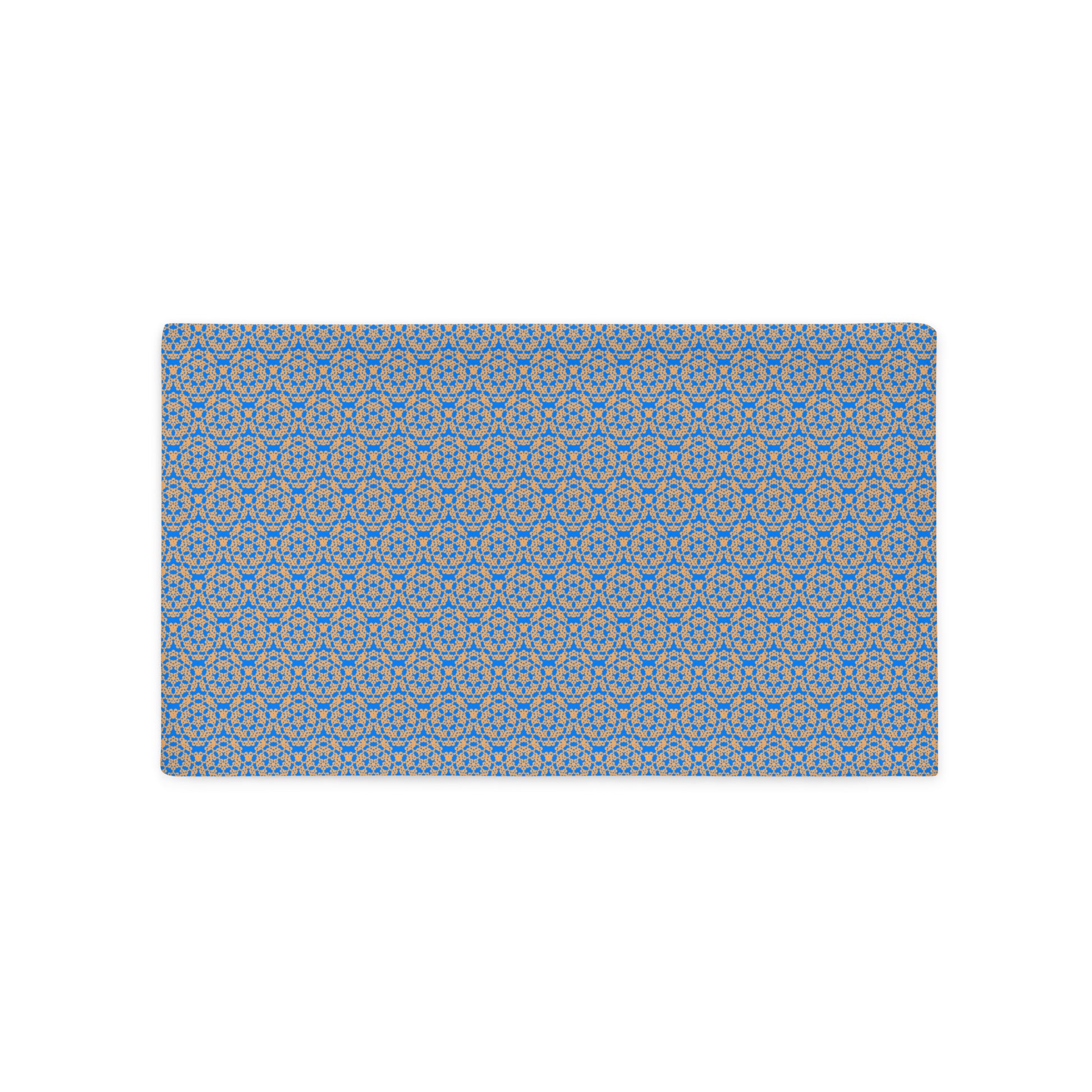 Back of the 20″×12″ throw pillow cover with the 'Pentagon' blue and yellow geometric pattern.