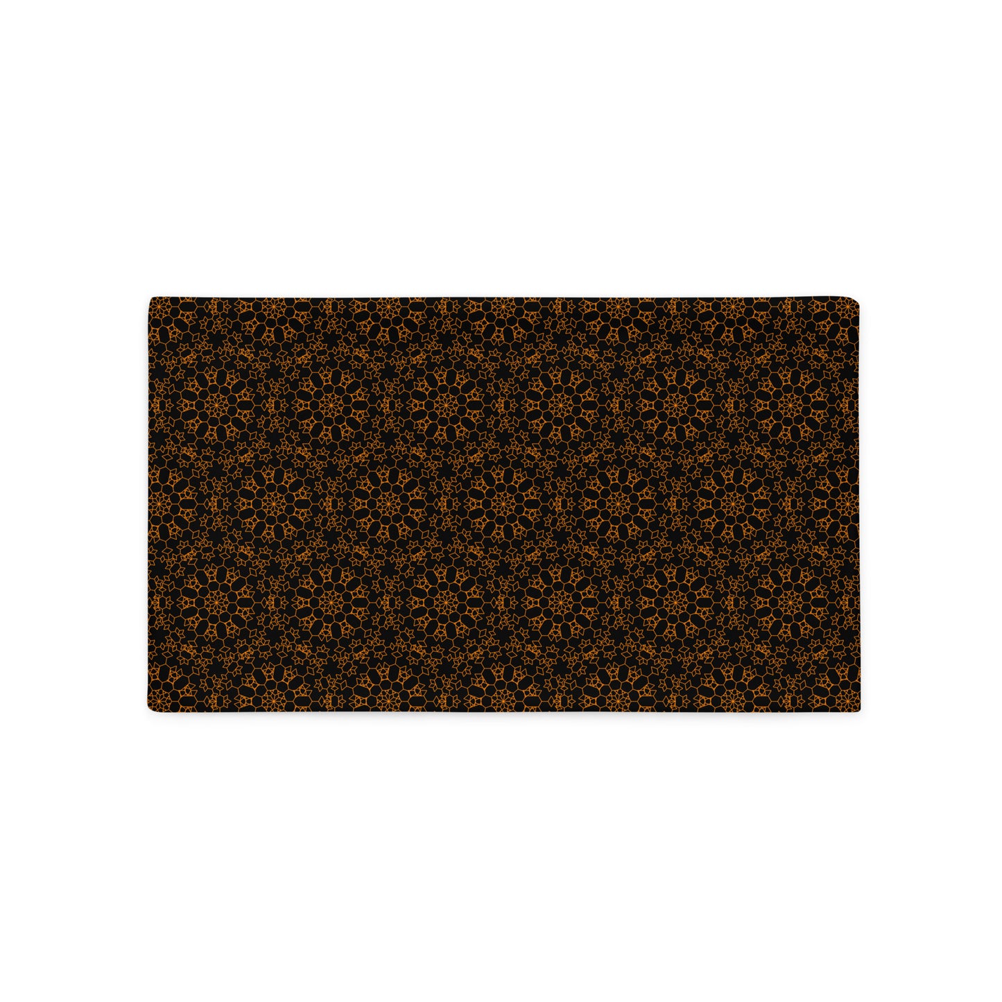 Back of the 20″×12″ throw pillow cover with the 'Enneagon' black & gold geometric pattern.