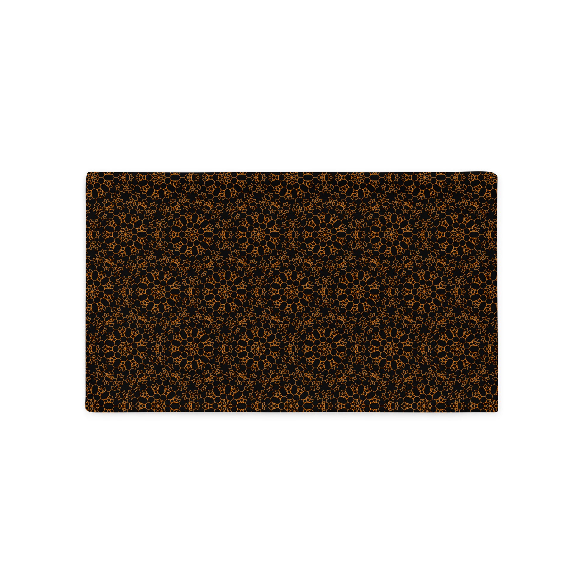 Back of the 20″×12″ throw pillow cover with the 'Enneagon' black & gold geometric pattern.