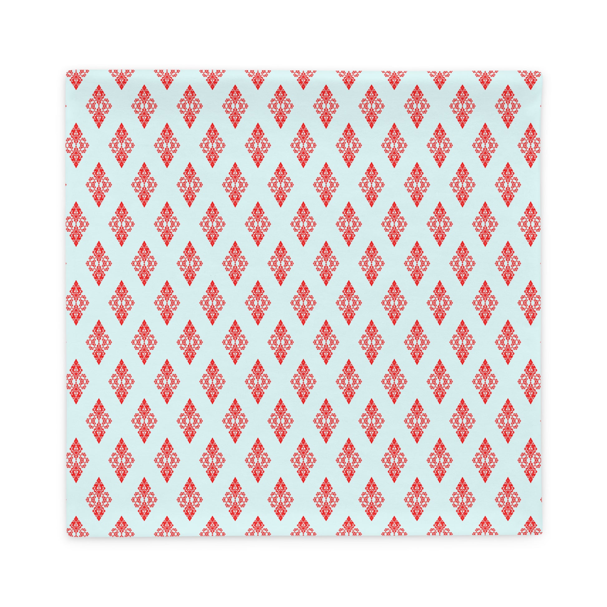 Back of the 22″×22″ throw pillow cover with the 'Digon' sky blue and red geometric pattern.
