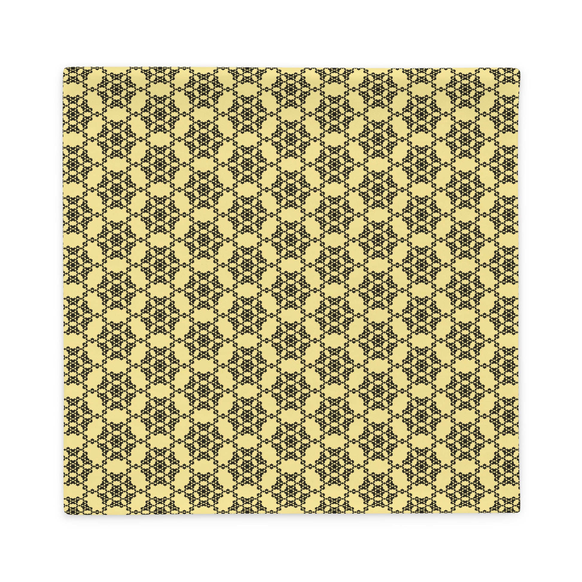 Back of the 22″×22″ throw pillow with the 'Hexagon' yellow and black geometric pattern.