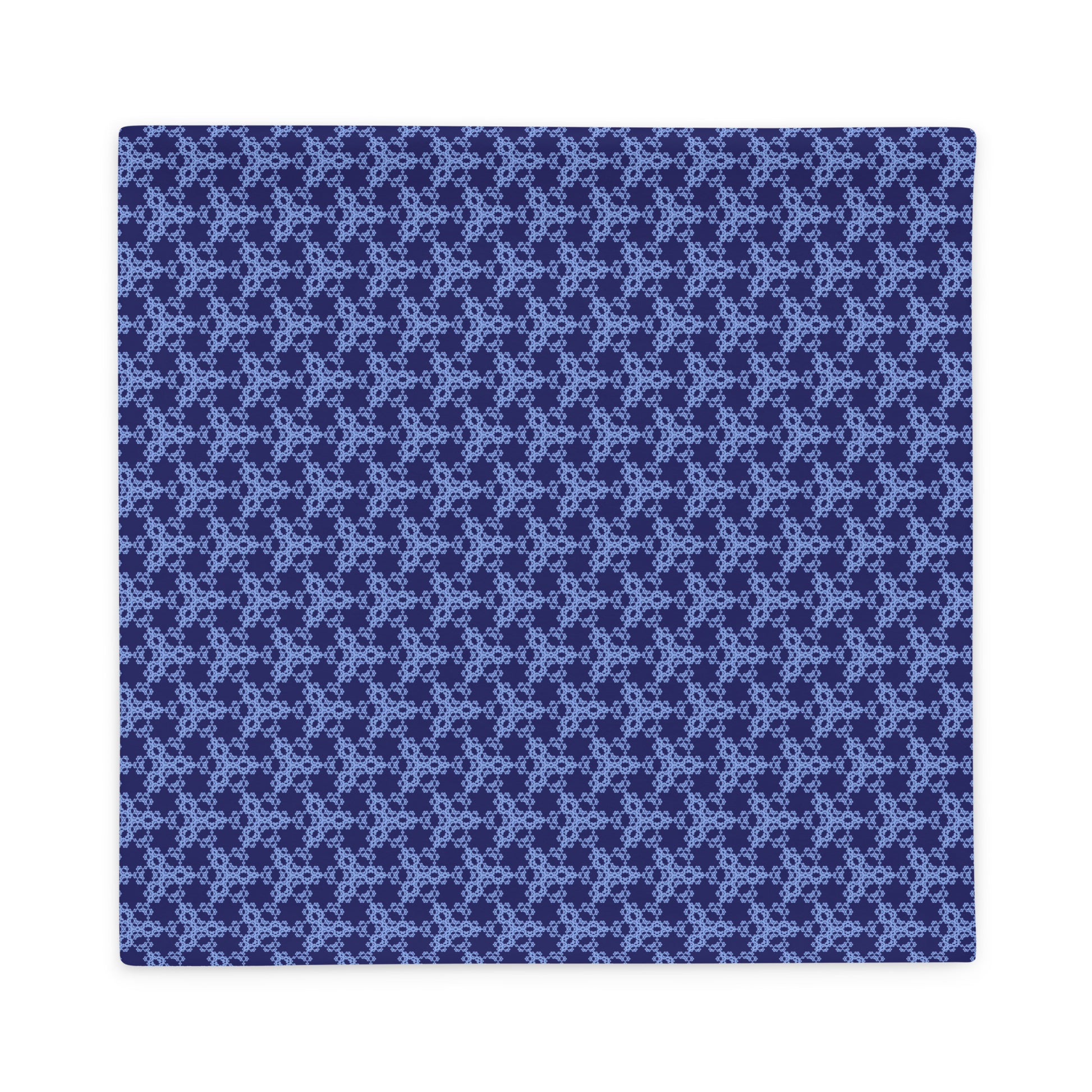 Back of the 22″×22″ throw pillow cover with the 'Trigon' navy and blue geometric pattern.