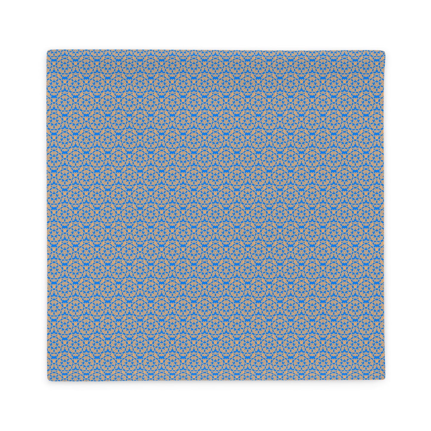 Back of the 22″×22″ throw pillow cover with the 'Pentagon' blue and yellow geometric pattern.