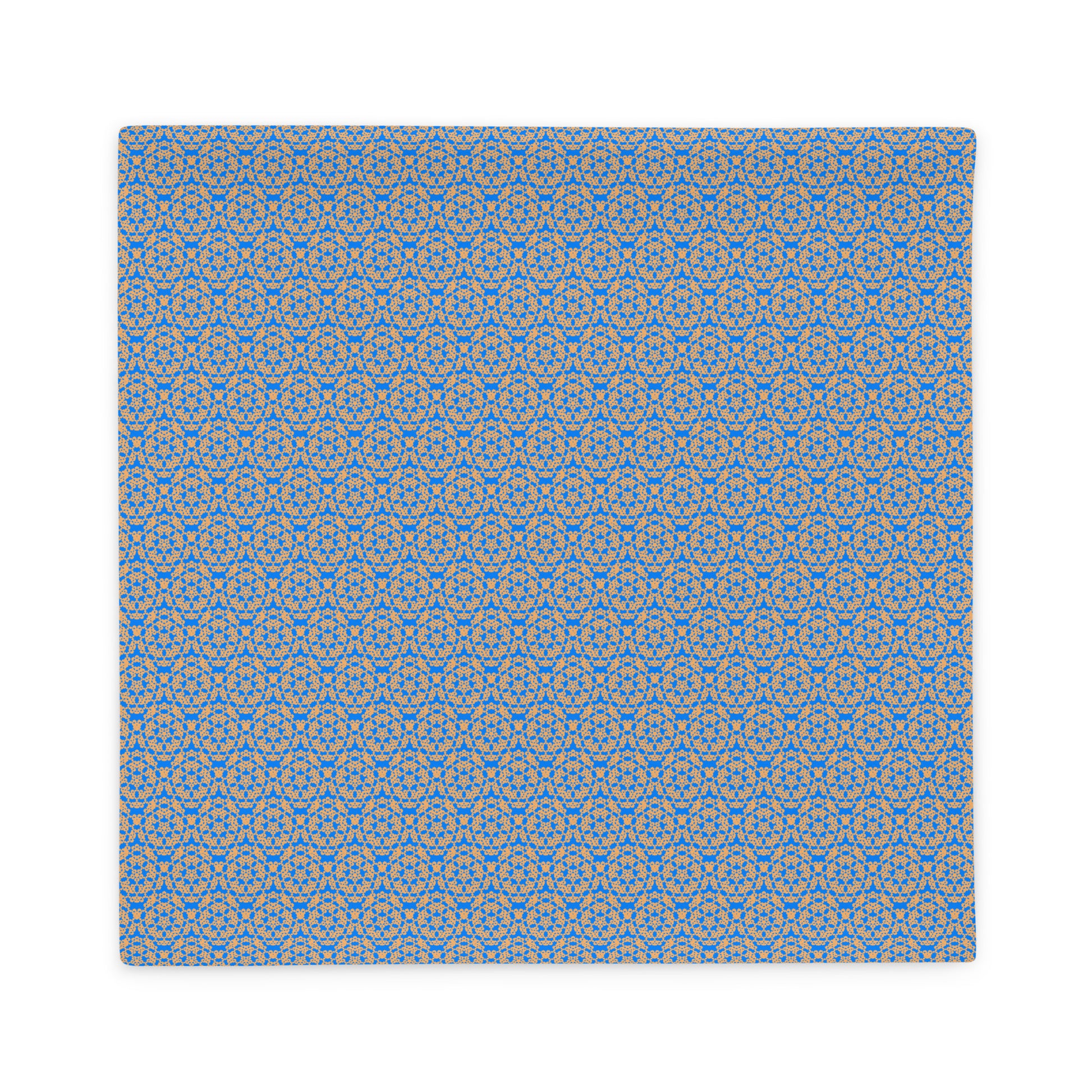 Back of the 22″×22″ throw pillow cover with the 'Pentagon' blue and yellow geometric pattern.