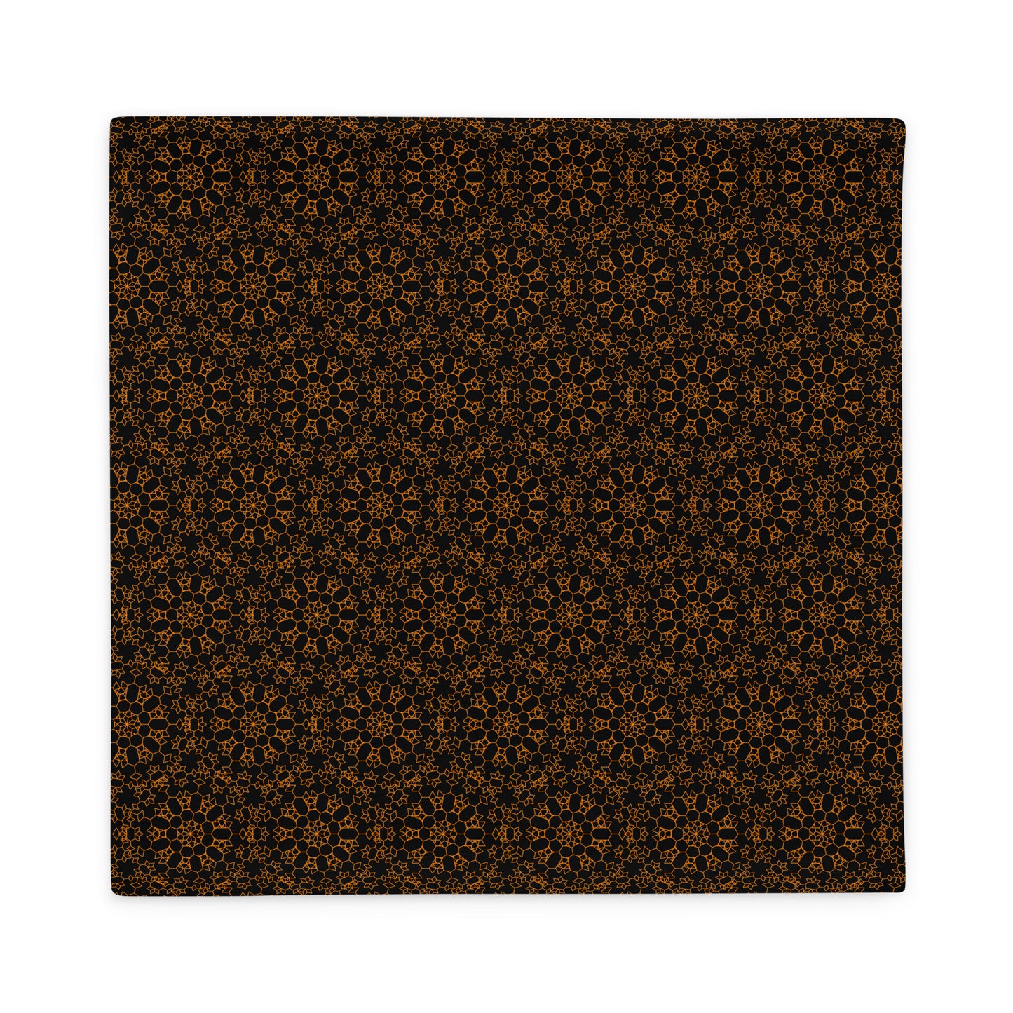Back of the 22″×22″ throw pillow cover with the 'Enneagon' black & gold geometric pattern.