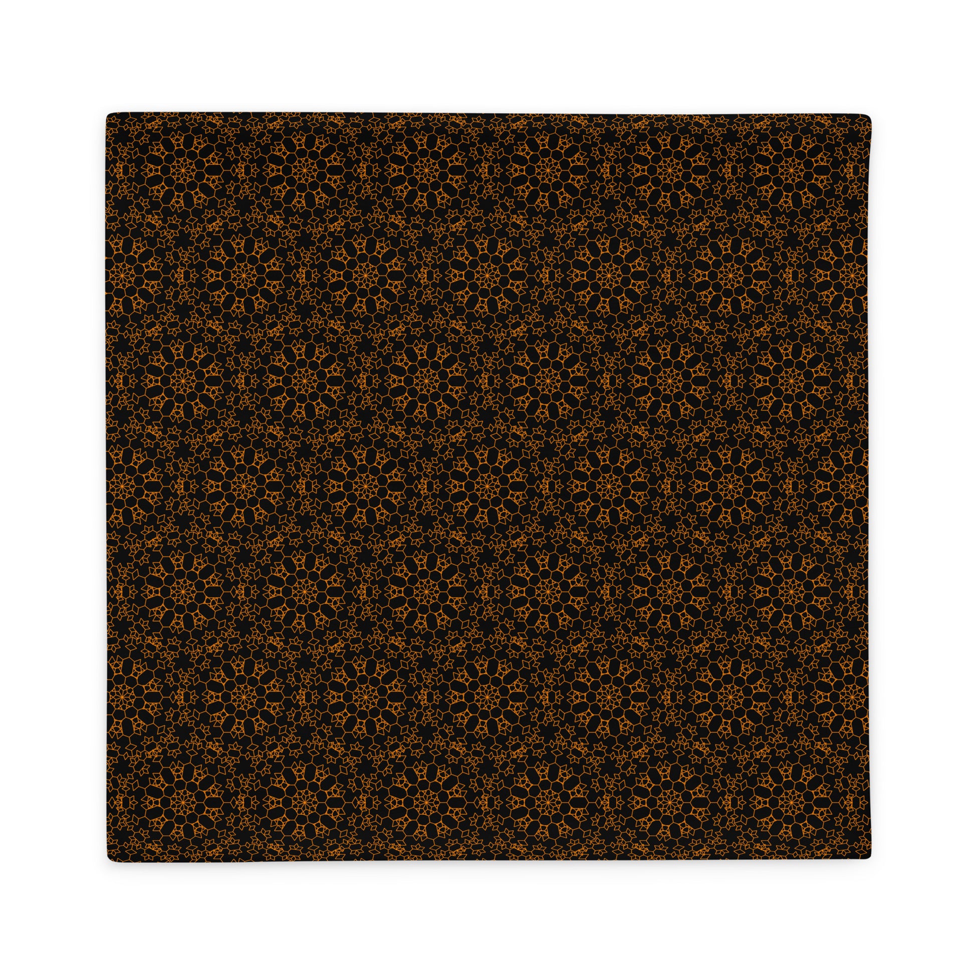 Back of the 22″×22″ throw pillow cover with the 'Enneagon' black & gold geometric pattern.