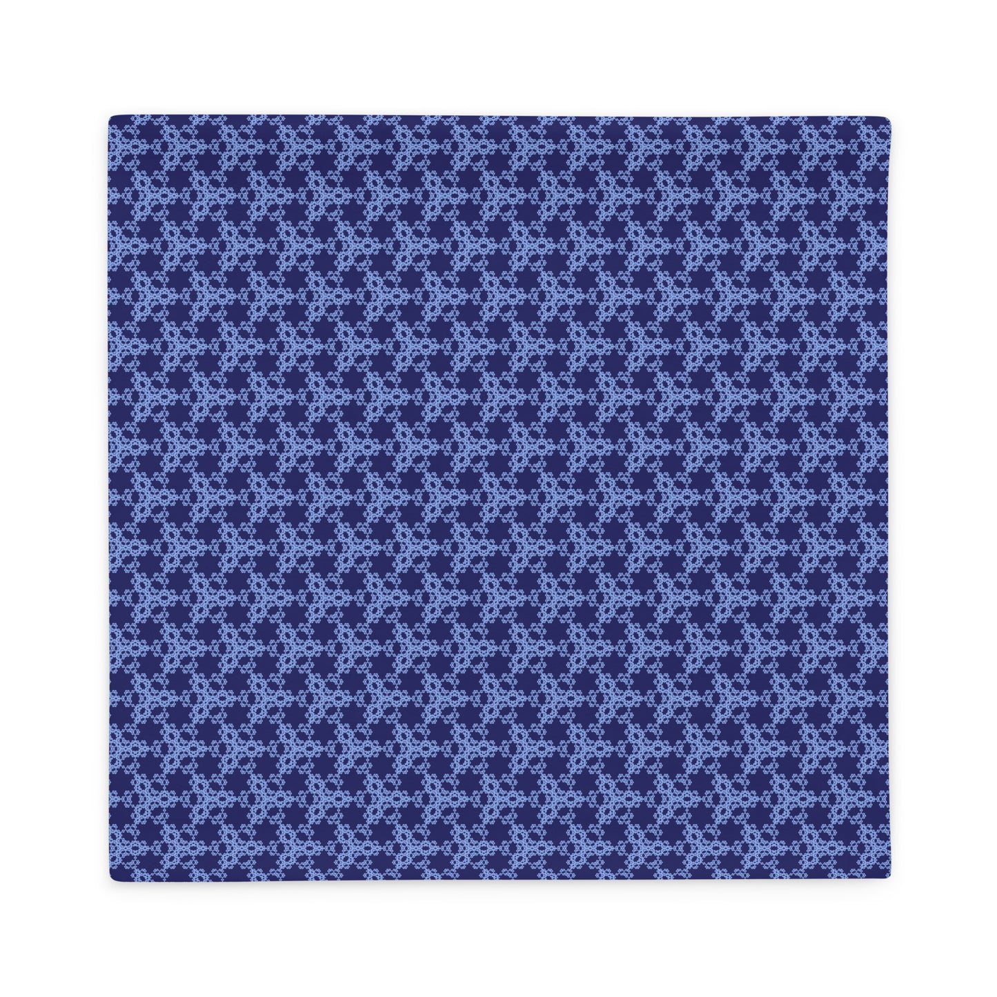 Front of the 22″×22″ throw pillow cover with the 'Trigon' navy and blue geometric pattern.