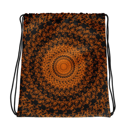 Back of the drawstring bag with the 'The Sun' black and orange fractal design.