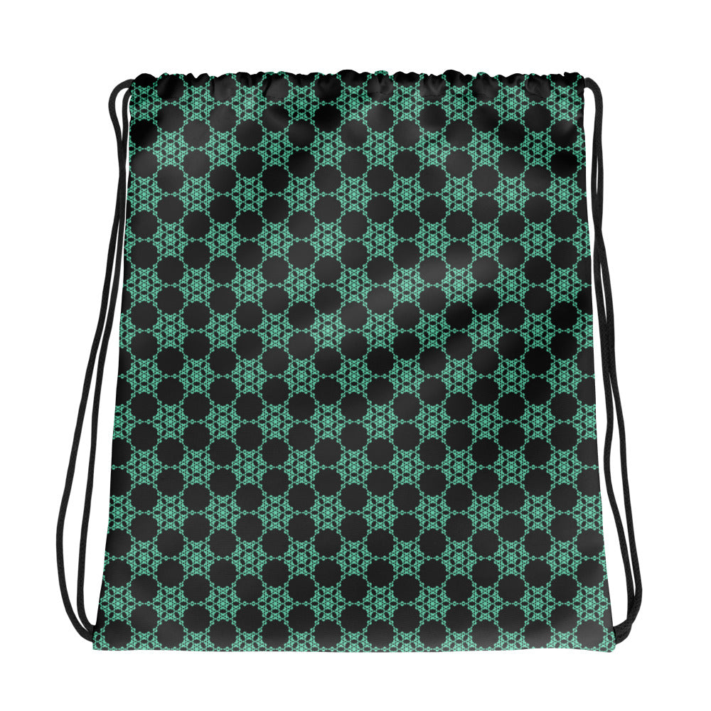 Back of the drawstring bag with the 'Flowers Victory' dark grey and green fractal geometric pattern.