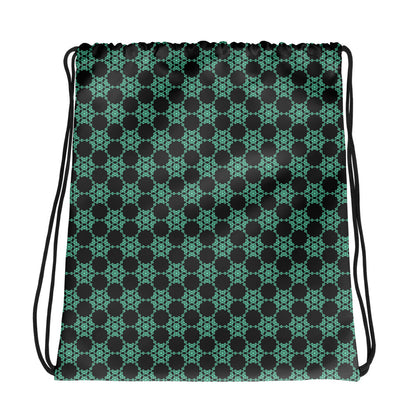Back of the drawstring bag with the 'Flowers Victory' dark grey and green fractal geometric pattern.