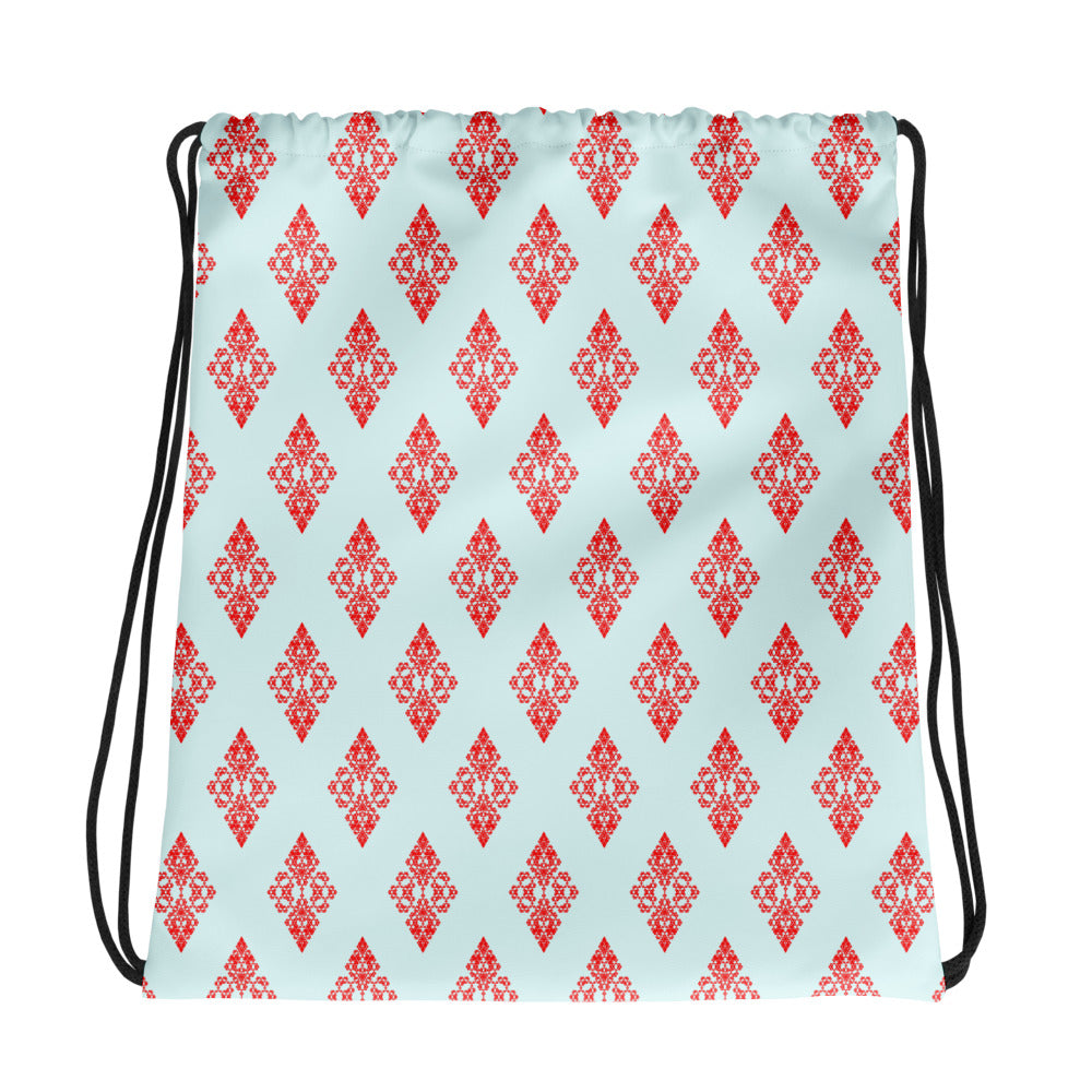 Back of the drawstring bag with the 'Digon' sky blue and red fractal geometric pattern.