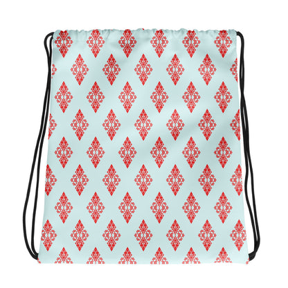 Back of the drawstring bag with the 'Digon' sky blue and red fractal geometric pattern.