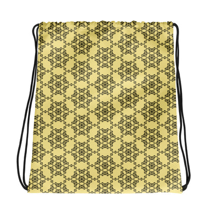 Front of the drawstring bag with the 'Hexagon' yellow and black fractal geometric pattern.