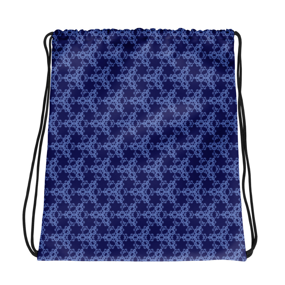 Front of the drawstring bag with the 'Triagon' navy and blue fractal geometric pattern.