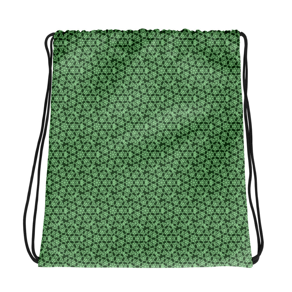 Front of the drawstring bag with the 'Heptagon' green fractal geometric pattern.