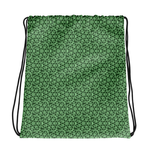 Front of the drawstring bag with the 'Heptagon' green fractal geometric pattern.