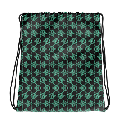 Front of the drawstring bag with the 'Flowers Victory' dark grey and green fractal geometric pattern.