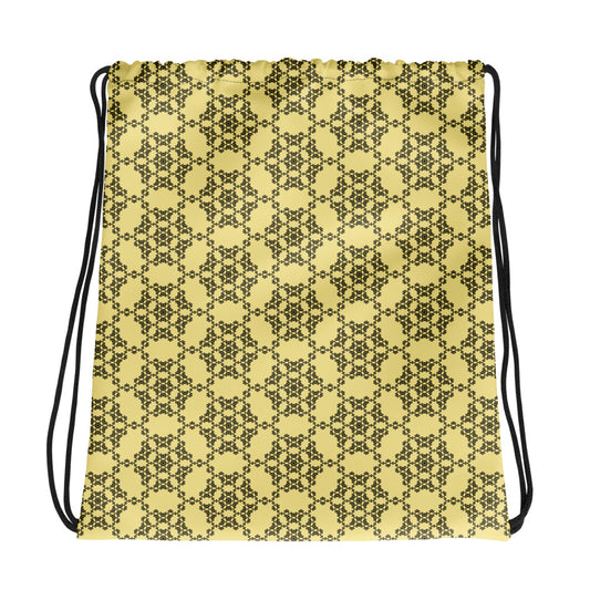 Back of the drawstring bag with the 'Hexagon' yellow and black fractal geometric pattern.