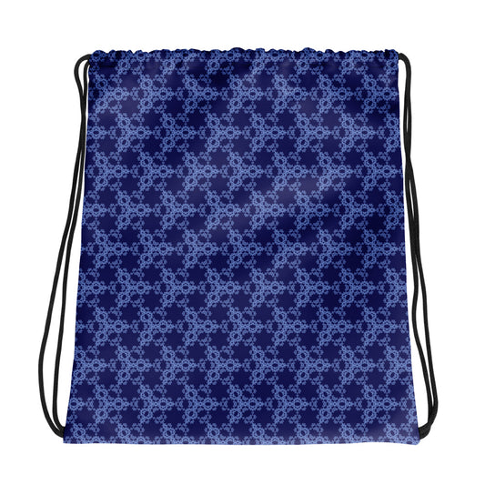 Back of the drawstring bag with the 'Triagon' navy and blue fractal geometric pattern.