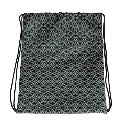 Back of the drawstring bag with the 'Quadragon' charcoal and white fractal geometric pattern.