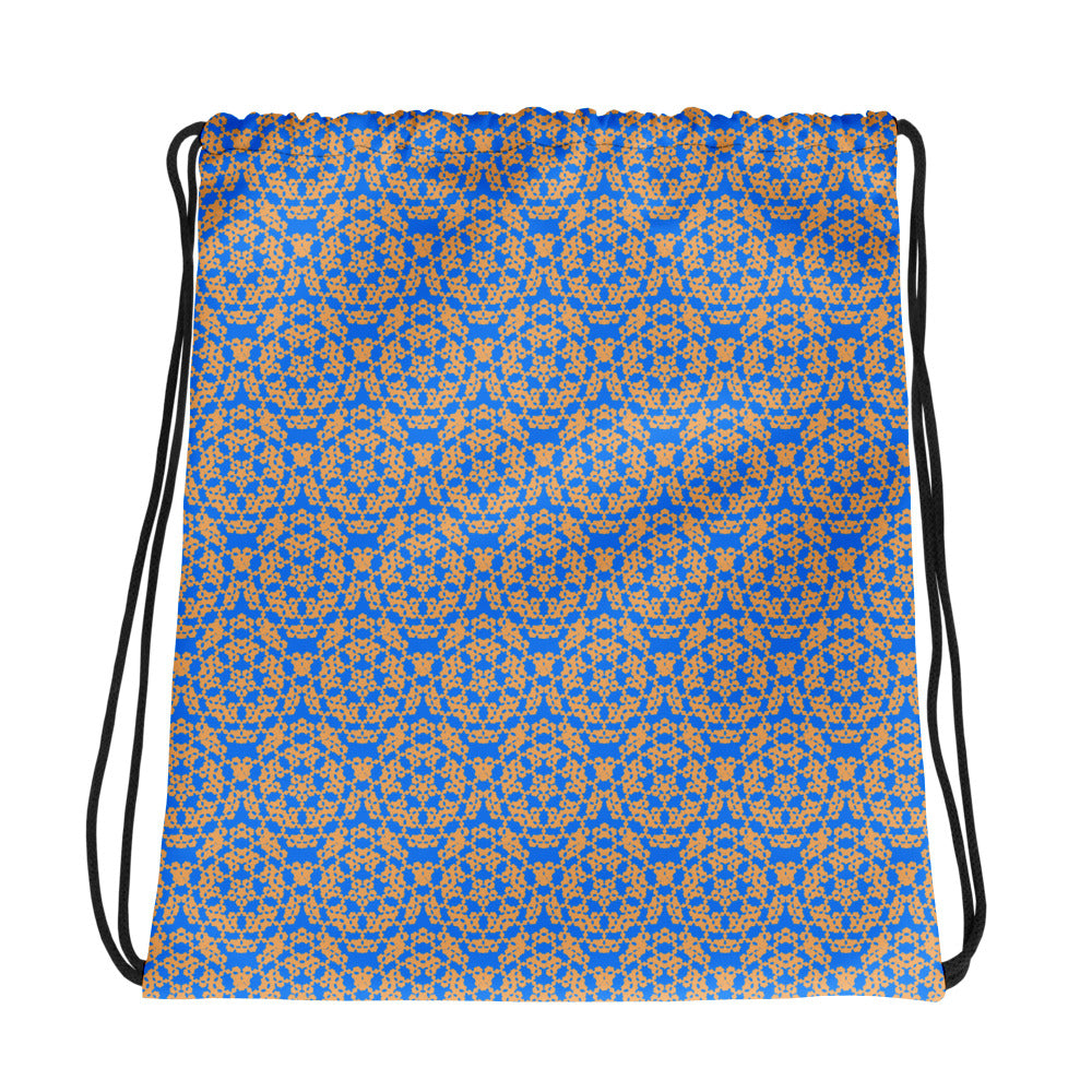 Front of the drawstring bag with the 'Quadragon' charcoal and white fractal geometric pattern.