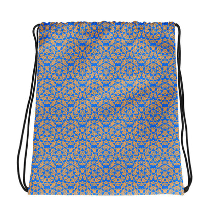 Front of the drawstring bag with the 'Quadragon' charcoal and white fractal geometric pattern.