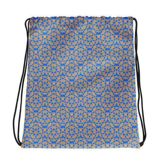 Front of the drawstring bag with the 'Quadragon' charcoal and white fractal geometric pattern.