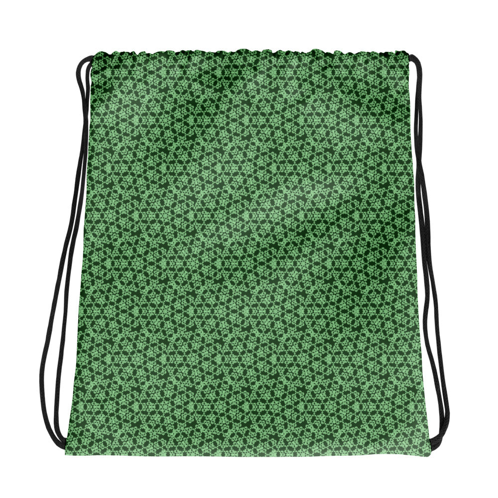 Back of the drawstring bag with the 'Heptagon' green fractal geometric pattern.