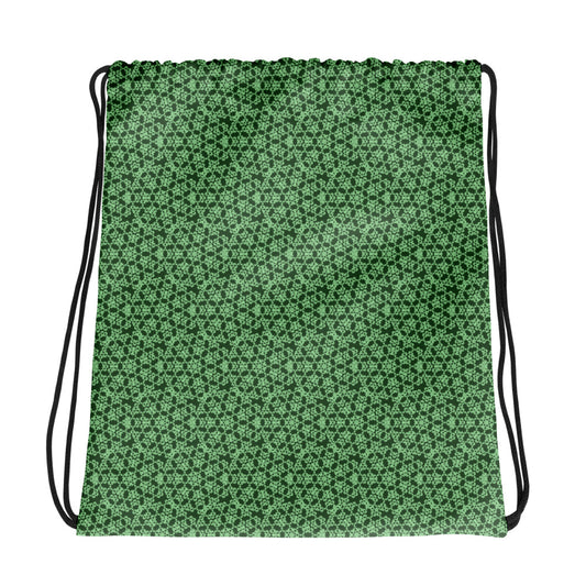 Back of the drawstring bag with the 'Heptagon' green fractal geometric pattern.
