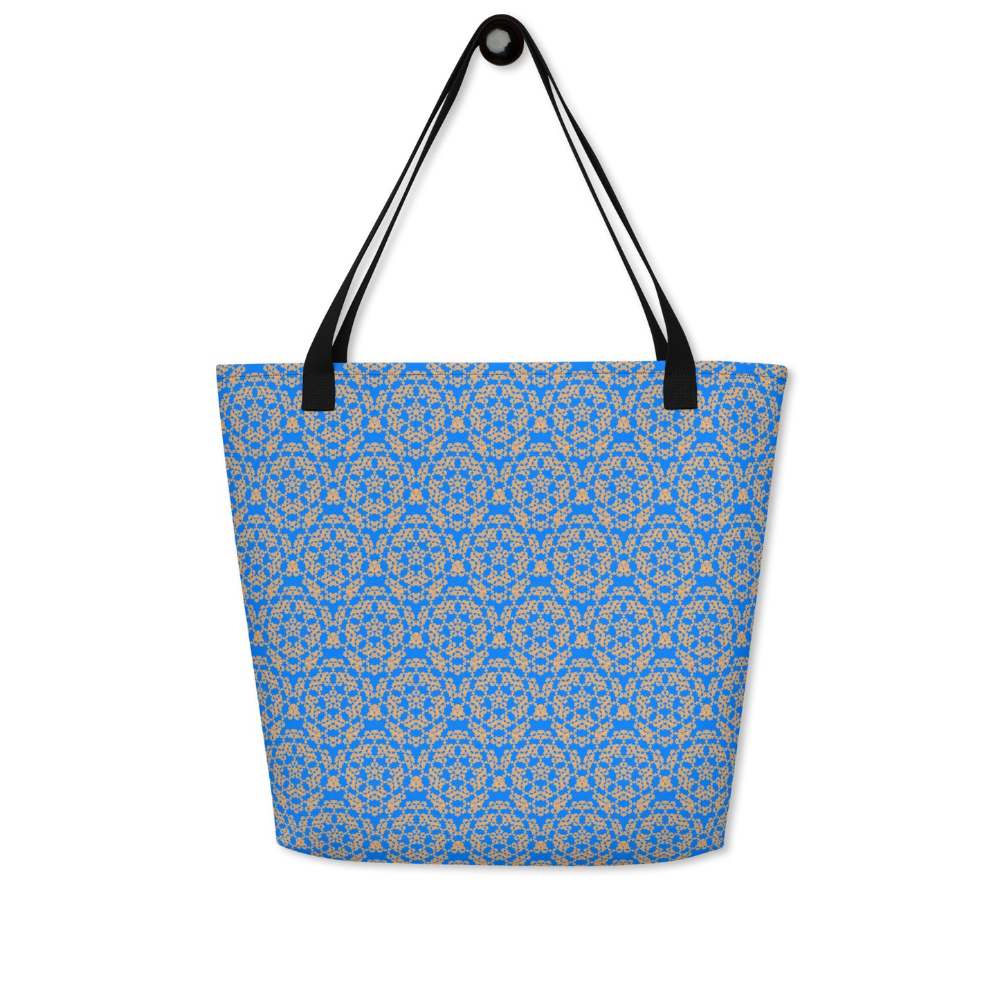 Hung large tote bag with the 'Pentagon' blue and yellow fractal geometric pattern.