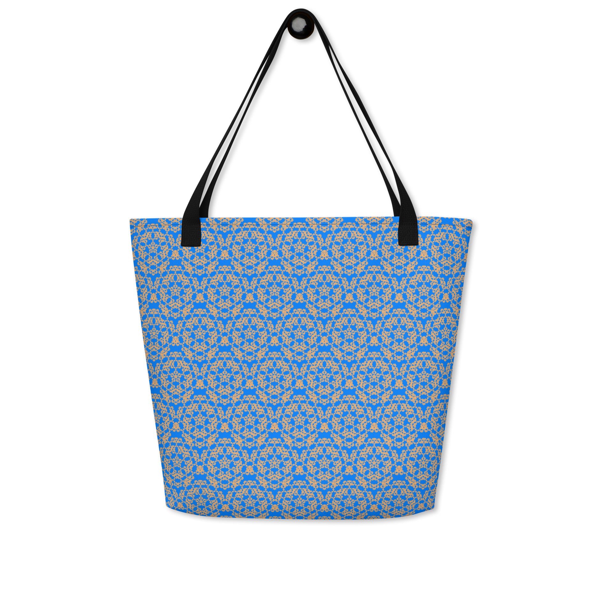Hung large tote bag with the 'Pentagon' blue and yellow fractal geometric pattern.