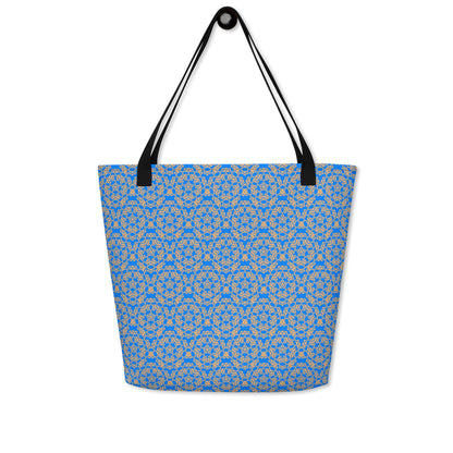 Hung large tote bag with the 'Pentagon' blue and yellow fractal geometric pattern.