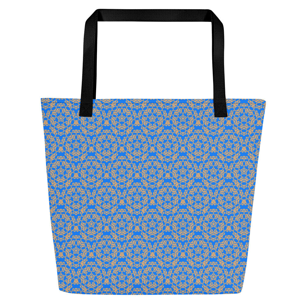 Flat shot of the large tote bag with the 'Pentagon' blue and yellow fractal geometric pattern.