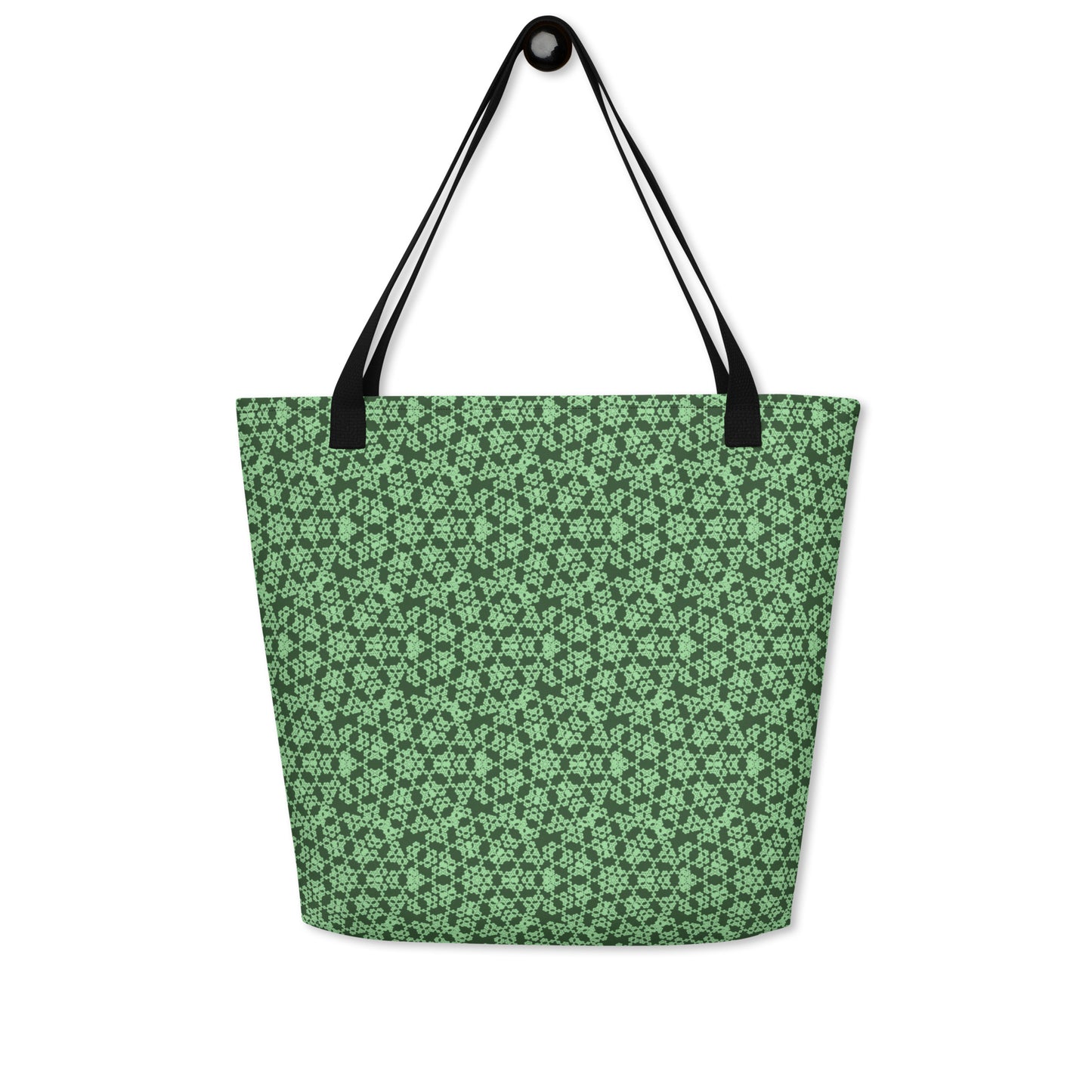 Hung large tote bag with the 'Heptagon' green fractal geometric pattern.