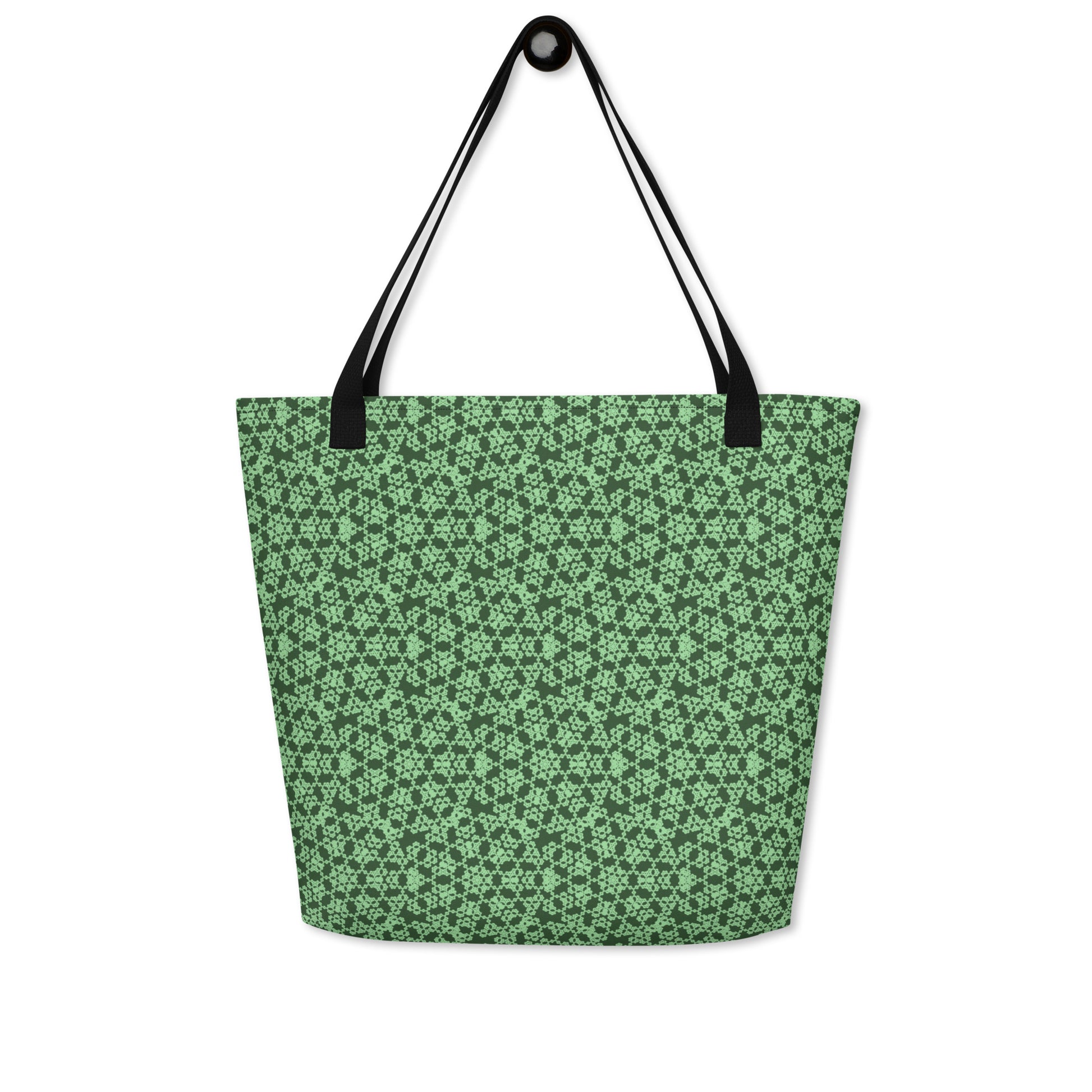 Hung large tote bag with the 'Heptagon' green fractal geometric pattern.