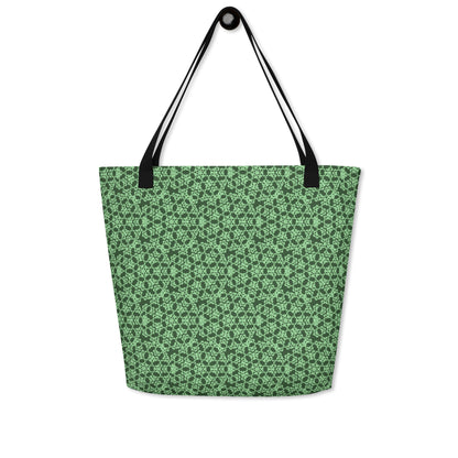 Hung large tote bag with the 'Heptagon' green fractal geometric pattern.