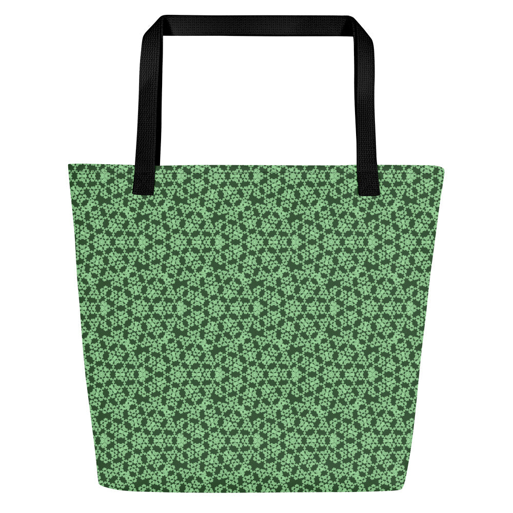 Flat shot of the large tote bag with the 'Heptagon' green fractal geometric pattern.