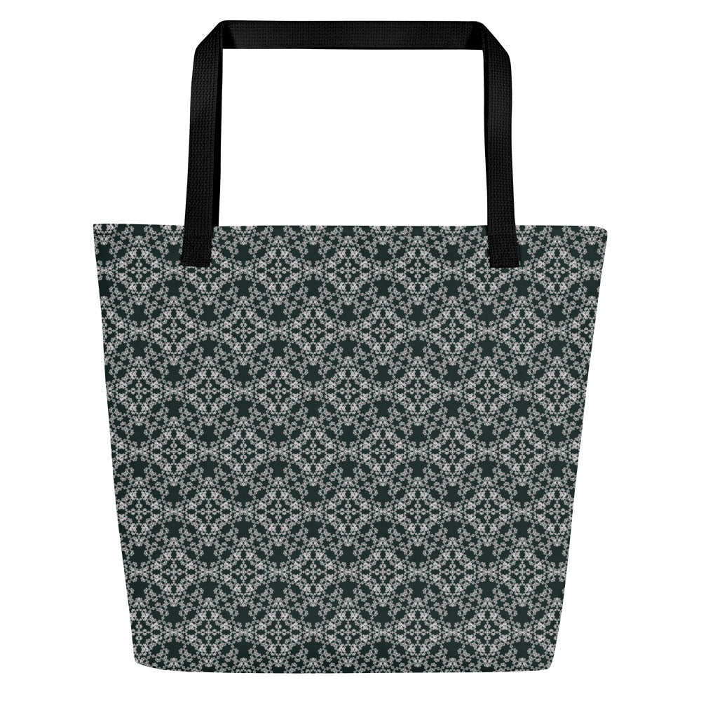 Flat shot of the large tote bag with the 'Quadragon' charcoal and white fractal geometric pattern.