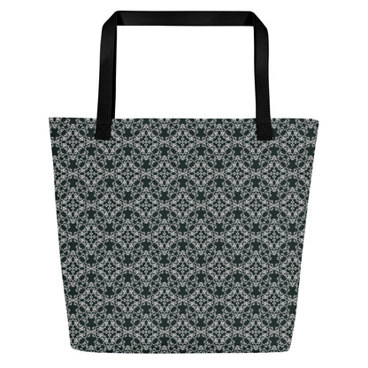 Flat shot of the large tote bag with the 'Quadragon' charcoal and white fractal geometric pattern.