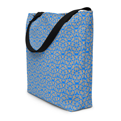 Angle shot of the large tote bag with the 'Pentagon' blue and yellow fractal geometric pattern.