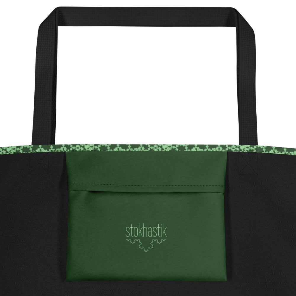 Inside pocket of the large tote bag with the 'Heptagon' green fractal geometric pattern.