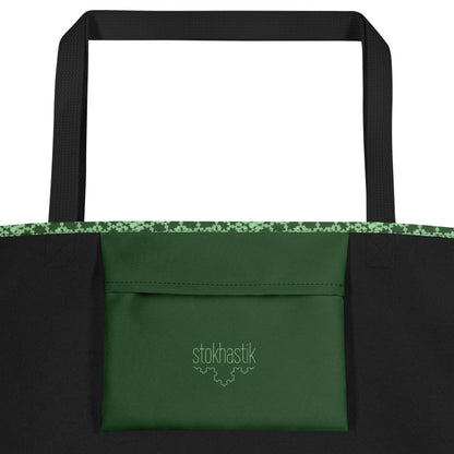 Inside pocket of the large tote bag with the 'Heptagon' green fractal geometric pattern.