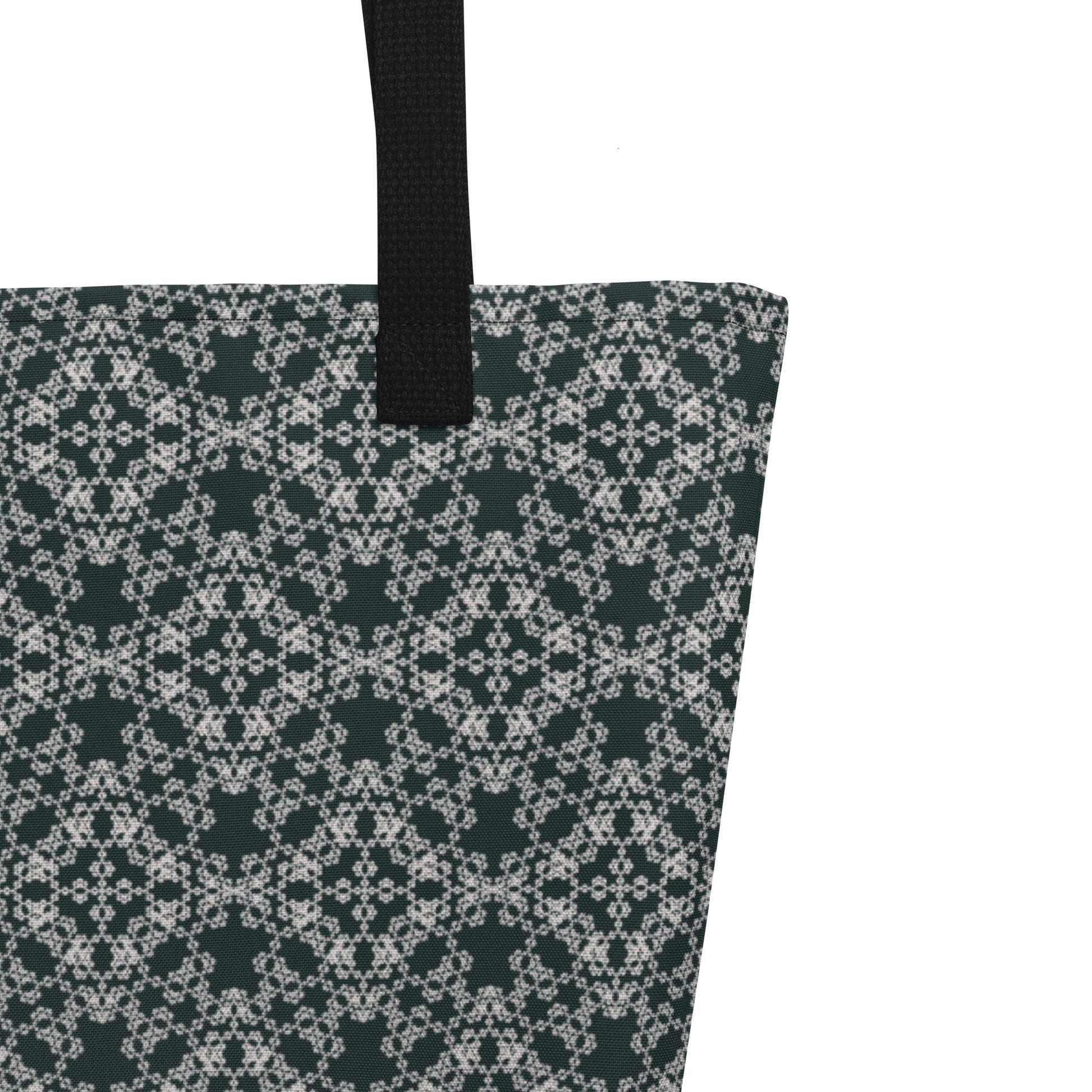 Close up of the strap stitching of the large tote bag with the 'Quadragon' charcoal and white fractal geometric pattern.
