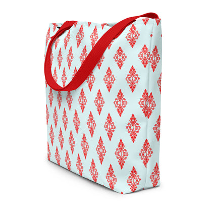 Angle shot of the large tote bag with the 'Digon' sky blue and red fractal geometric pattern.